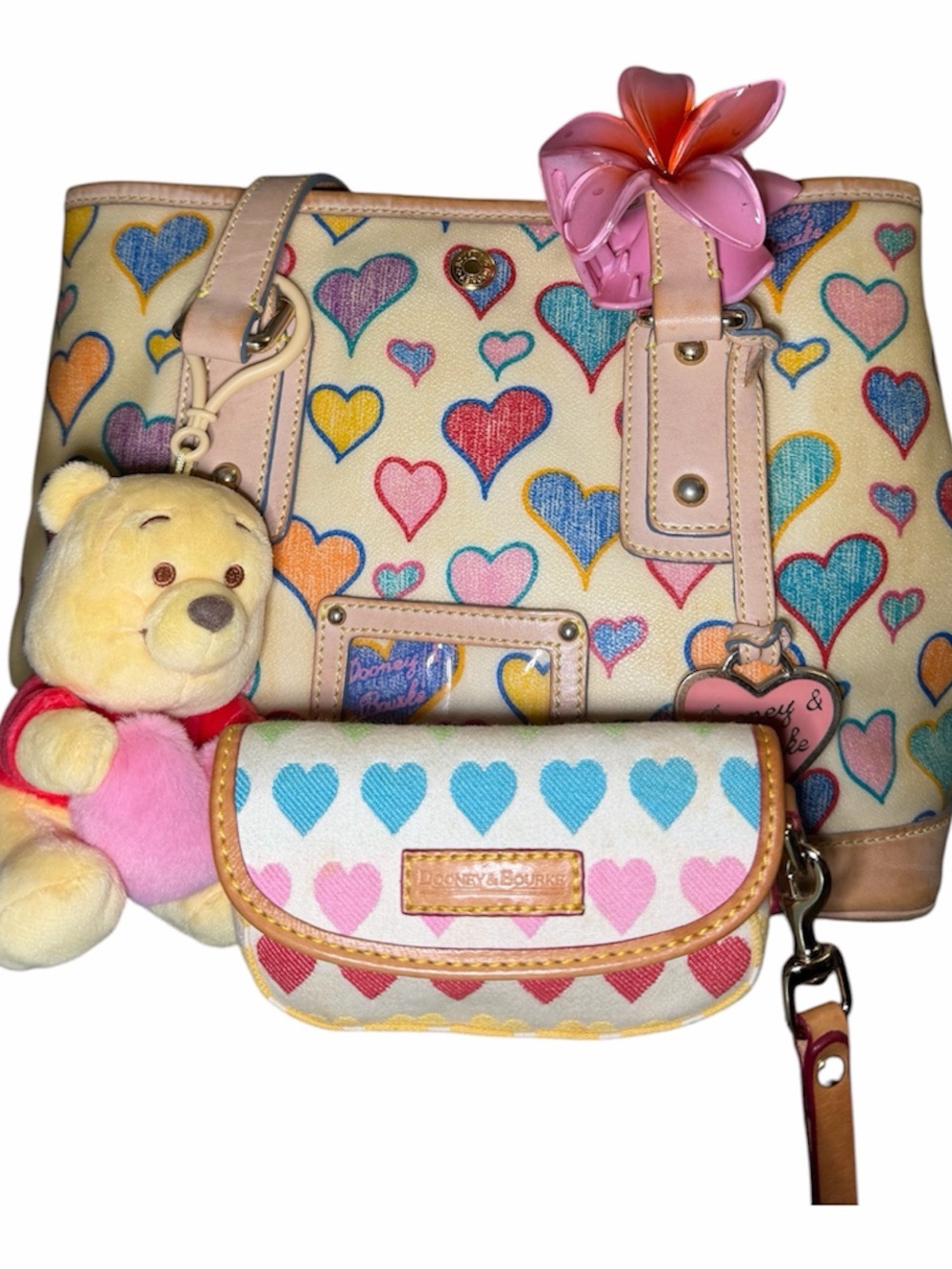 Dooney & Bourke Cream Tote with Multicolor Heart Print - Pink & Blue Accents